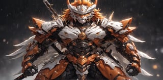 solo, long hair, looking at viewer, 5lions, animal ears, male focus, orange hair, armor, blurry, muscular, feet out of frame, scar, pectorals, muscular male, shoulder white armor, bara, pelvic curtain, furry, clenched hands, large pectorals, rain, furry male, tiger ears, lion boy, orange fur, mechanical arms,TR mecha style, (score_9, score_8_up, score_7_up, score_6_up), Dragon,SDXL, 4_arms,shogun style