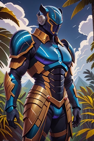 high definition, work of art, warrior wearing jaguar armor, muscular, with fine and detailed features in his armor, with a futuristic appearance, who is watching the sky, in the jungle