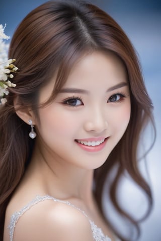 A stunning photo of a Japanese girl! Her fair skin has a subtle glow, and the soft focus is on her eyes, drawing attention to her extreme beauty, with long eyelashes that seem to flutter with every blink. A sweet smile graces her lips, revealing perfectly neat and white teeth. The overall effect is one of sophistication and elegance, as if frozen in a moment of quiet contemplation.