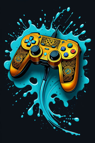 game controller, game console DETAILED LINE, Illustration style, print ready vector t-shirt design, SCARY game controller, game console illustration, DIGITAL PAINTING, professional vector, high detail, t-shirt design, graffiti, bright COLORS, highly detailed, pen and ink bold drawing, perfect composition, beautiful detail , intricate, highly detailed, cartoon type, comic book, STEAMPUNK ART, SPLASH PAINT ART, celtic medieval art