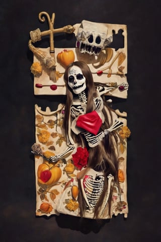 1girl, long hair, open mouth, brown hair, holding, teeth, dated, makeup, traditional media, lipstick, red lips, skeleton, bone