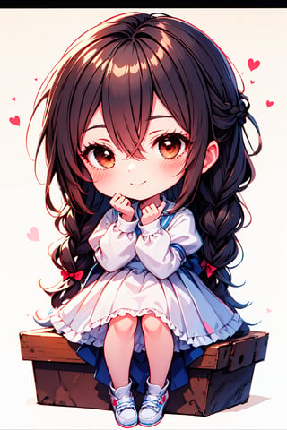 1girl, solo, long hair, looking at viewer, blush, smile, bangs, simple background, black hair, long sleeves, white background, dress, bow, hair between eyes, brown eyes, very long hair, closed mouth, standing, full body, braid, frills, shoes, puffy sleeves, sitting, white dress, sleeves past wrists, hair intakes, white footwear, white bow, letterboxed, puffy long sleeves, pleated dress,Chibi