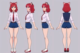 (masterpiece), 1 cat girl,shirt,neckties, shorts, best quality, expressive eyes, perfect face,  blue eyes,  ,narrow waist, full_body , looking-at-viewer,chara-sheet, scarlet hair,