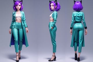 (masterpiece), 1 cat girl,doctor suit, trousers, best quality, expressive eyes, perfect face,  green eyes,  ,narrow waist, full_body ,  purple hair,shor hair,simple background,