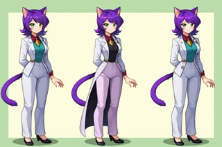 (masterpiece), 1 cat girl,standing strait,doctor suit, trousers, best quality, expressive eyes, perfect face,  green eyes,  ,narrow waist, full_body , purple hair,shor hair,simple background,SFW