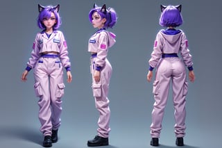 (masterpiece), 1 cat girl,lab suit, trousers, best quality, expressive eyes, perfect face,  green eyes,  ,narrow waist, full_body ,  purple hair,shor hair,simple background,
