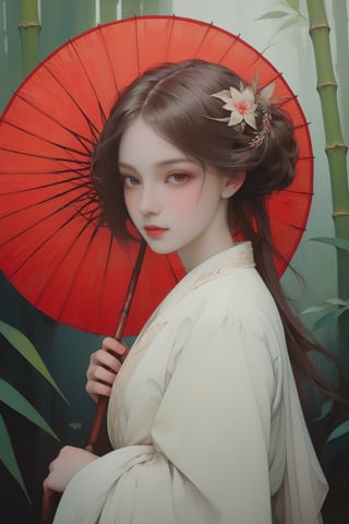 full body photo, (masterpiece, best quality, detailed, ultra-detailed, intricate), illustration, pastel colors, high chroma, high color contrast, bright and shadows background, 1 girl, solo, red eyes, wet hair, bamboo umbrella , water drops, white snake , red snake, arrogant face, look sideways and backward , complex backgrounds, birds around the women, perfect light,art nouveau by Alphonse Mucha, tarot cards, (beautiful and detailed eyes),
, flat breasts, anime style, watercolo, natural boobs,
