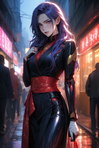 (score_9:1.5), score_8_up, score_8, 1girl, cyborg body, solo , pale skin, long hair, wearing a black kimono with red patterns and gold flower patterns on the costume, flat breasts, there is a bandage on the hand , looking at the viewer, holding a IMI Desert Eagle pistol in each hand , wrapping bandages around her own wounds, standing in Rain-soaked streets of Kabukicho, wet body, Neon lights and shadows, (anime_style:1.0), watercolor, main color blue , red, magenta, purple, orange , masterpiece, special visual composition, strong artistic sense
