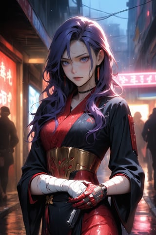 (score_9:1.5), score_8_up, score_8, 1girl, cyborg body, solo , pale skin, long hair, wearing a black kimono with red patterns and gold flower patterns on the costume, flat breasts, there is a bandage on the hand , looking at the viewer, holding a IMI Desert Eagle pistol in each hand , wrapping bandages around her own wounds, standing in Rain-soaked streets of Kabukicho, wet body, Neon lights and shadows, (anime_style:1.0), watercolor, main color blue , red, magenta, purple, orange , masterpiece, special visual composition, strong artistic sense
