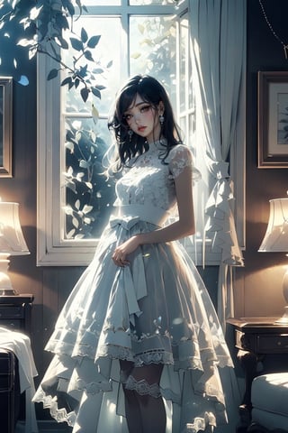 (high quality, masterpiece, soft lighting, gentle colors),1 girl, black hair, slim waist, defined eyelashes, long legs,tutuwl, white lace, delicate dress, white outfit, tulle skirt, ivy, french provincial interior, delicate leaf embroidery,glowwave, wide skirt, long hair, white ribbons, french tip nails
