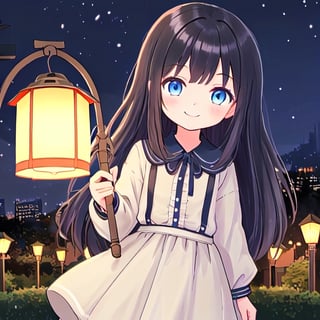 Loli ,12 years old , small, a girl, long hair, black hair, blue eyes, smile, bangs, playing, Park ,at night, lantern , holding a lamp, city without light , dark city darkness