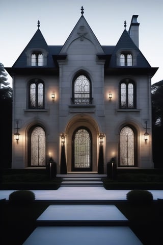 Certainly! Here's a detailed prompt for an AI image generator:

Title: Modern Gothic Mansion

Description:
Generate an image of a modern mansion inspired by Gothic architecture, blending luxurious contemporary elements with traditional Gothic features. The mansion should exude opulence and grandeur while maintaining a sleek, minimalist aesthetic. Focus on incorporating the following key elements:

1. Architecture: The mansion should feature high arches, pointed arch windows, and intricate stone detailing reminiscent of Gothic cathedrals. However, these elements should be interpreted in a modern context, with clean lines and geometric precision.

2. Monochrome Stained Glass Window: A prominent feature of the mansion should be a large stained glass window in a monochrome color scheme. The design of the stained glass should be intricate yet contemporary, perhaps featuring abstract geometric patterns or stylized representations of nature.

3. Symmetry and Balance: The exterior of the mansion should emphasize symmetry and balance, with a centrally located main entry flanked by identical wings or towers on either side. Pay attention to the proportions and scale of the various architectural elements to achieve visual harmony.

4. Luxurious Details: Incorporate luxurious materials such as polished marble, sleek metal accents, and floor-to-ceiling glass panels to add a modern touch to the Gothic-inspired design. Consider adding elements like a fountain in the courtyard, ornate wrought iron gates, or sculptural garden features to enhance the sense of extravagance.

5. Lighting: Pay special attention to lighting to create dramatic effects and highlight the architectural features of the mansion. Utilize soft exterior lighting to illuminate the façade and accentuate the contours of the building, while also ensuring that the stained glass window casts a captivating glow both day and night.

Please ensure that the final image captures the essence of a modern Gothic mansion, striking a balance between historical inspiration and contemporary sophistication.