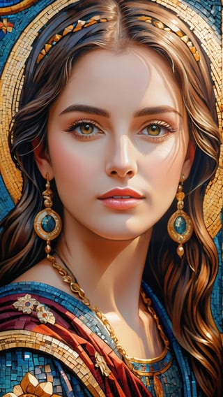 Byzantine Mosaics of a girl. (masterpiece, top quality, best quality, official art, beautiful and aesthetic:1.2), (1girl:1.4), portrait, extreme detailed, highest detailed, simple background, 16k, high resolution, perfect dynamic composition, bokeh, (sharp focus:1.2), super wide angle, high angle, high color contrast, medium shot, depth of field, blurry background,,itacstl