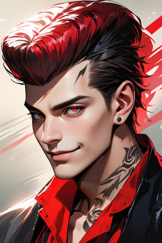 In a mesmerizing double exposure, a stunning Beautiful Rockabilly Boy emerges from the depths of a dark, smoky background. His cherry-red hair, streaked with darker roots, is styled in a perfect pompadour, as if frozen in time. Enki Bilal's signature style shines through in this high-quality tattoo sketch, rendered in breathtaking 16K Ultra HD detail. The boy's features are so vividly realistic, it's as if he might suddenly blink or smile, his sharp jawline and piercing eyes seemingly alive.