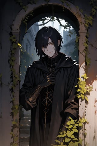 A gothic style portrait of a handsome boy, clad in all-encompassing black attire, stands stoic amidst a somber, mysterious backdrop of crumbling stone walls and overgrown vines. Shadows dance across his pale complexion as he smiles menacingly at the viewer, the foreboding lighting accentuating the severity of his expression. His full-length figure is framed by the dark archway, with a faint mist swirling around his boots, adding to the ominous atmosphere.