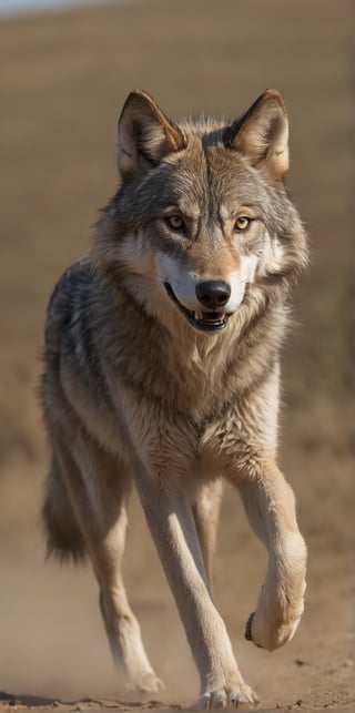 Hyper-realistic close-up photo, close-up of a Wolf from the side. The Wolf is on an African plain. The Wolf is running on the plain at full speed, you can see the movement and its great speed is demonstrated. It is day. The light creates a contrast of shadows on the animal. Beautiful scene, ultra detailed, hyperrealistic, colorful, distant.