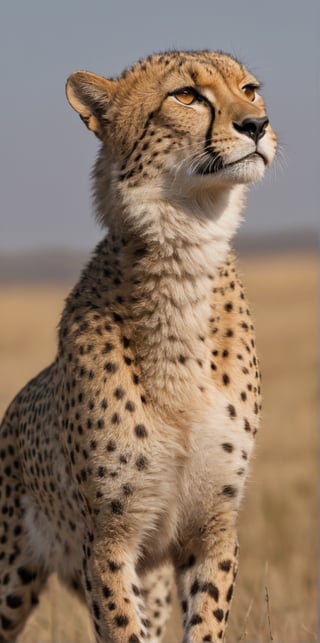 Hyper-realistic close-up photo, close-up of a cheetah from the side. The cheetah is on an African plain. The cheetah is running on the plain at full speed, you can see the movement and its great speed is demonstrated. It is day. The light creates a contrast of shadows on the animal. Beautiful scene, ultra detailed, hyperrealistic, colorful, distant.