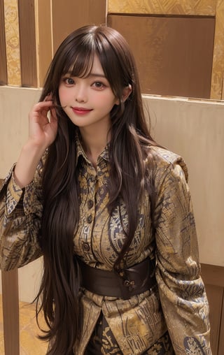(((((Batik_top_button_collared_shirt:1.6))))),(((((long_pants:1.5))))),((((standing:1.5)))),(((front_viewed,looking_at_viewer:1.6))),(((((long_hair_with_complete_bangs:1.6))))),(((beautiful and aesthetic:1.4))),(((((smile_face:1.6))))),((((round cheeks, high-bridged nose:1.5)))),(((((office:1.7))))),
perfect.,Bomi,Enhance,Model ,Asian ,eungirl,((((1girl)))).,((Perfect lips)),lora:Ultra_Detailer:2