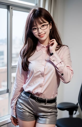 ((((((Button_collared_top pink long sleeve shirt:1.5)))))),((standing)),((((front viewed,medium shot:1.4)))),((((black mini short pants:1.4)))),(((stylish long hair with complete bangs with blurry))),(((((smiling face:1.5))))),(Ultra-realistic, best photograph, best quality:1.3),((((round thin glasses:1.4)))), (beautiful and aesthetic:1.4),((((round cheeks, high-bridged nose, plastic surgery round eyes:1.5)))),((((Kpop stylish pose:1.5)))),((((office room:1.4)))), 
perfect.,Bomi,Enhance,Model ,Asian ,Girl,(((eungirl))). ,eungirl,1girl. 