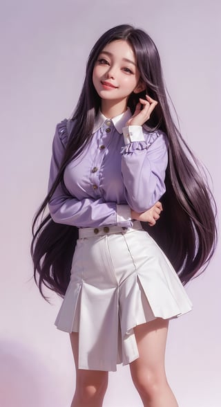 (((((Top_button_collared_lilac_long_sleeve_shirt:1.5))))),((((black_long_skirt:1.1)))),(((((front_viewed,far_body_shot,viewed_from_high_level_shot:1.5))))),(((((extra_long_hair_with_complete_fringes_with_blurry:1.5))))),((((looking_at_viewer:1.5)))),(beautiful and aesthetic:1.4),((((cute_smiling_happy_face:1.4)))),((((round cheeks, high-bridged nose, plastic surgery round eyes:1.5)))), (((Kpop_style_poses:1.4))),((((white_png_background)))),
perfect.,Bomi,Enhance,Model ,Asian ,eungirl,((((1girl)))).,((Perfect lips)).,perfect light