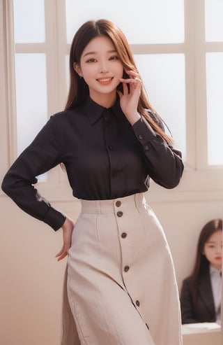 (((((Top_collared_button-linen_long_sleeve_shirt:1.5))))),(((long_skirt:1.3))),((((standing)))),(((((front_viewed:1.5))))),(((extra_long_hair_with_complete_fringes_with_blurry:1.4))),(((cute_smiling_face:1.3))),((((looking_at_viewer:1.4)))),(beautiful and aesthetic:1.4),((((round cheeks, high-bridged nose, plastic surgery round eyes:1.5)))), (((Kpop style pose:1.4))),(((bank office))),
perfect.,Bomi,Enhance,Model ,Asian ,eungirl,((((1girl)))).,((Perfect lips)).