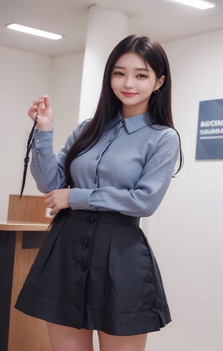 (((((Top_collared_button_linen_blue_long_sleeve_shirt:1.5))))),(((black_long_skirt:1.3))),((((standing)))),(((((front_viewed:1.5))))),(((extra_long_hair_with_complete_fringes_with_blurry:1.4))),(((cute_smiling_face:1.3))),((((looking_at_viewer:1.4)))),(beautiful and aesthetic:1.4),((((round cheeks, high-bridged nose, plastic surgery round eyes:1.5)))), (((Kpop style pose:1.4))),(((bank office))),
perfect.,Bomi,Enhance,Model ,Asian ,eungirl,((((1girl)))).,((Perfect lips)).