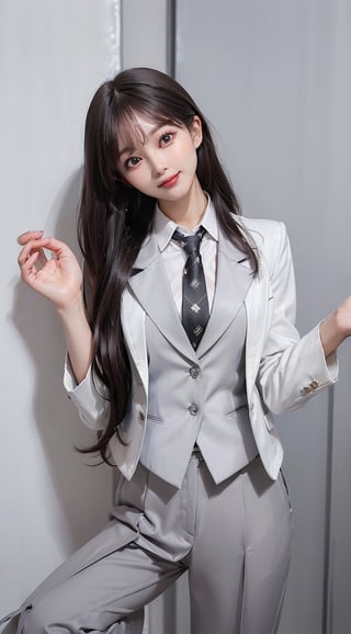 ((((White_blazer_jacket:1.5)))),((((grey_button_waistcoat_wear_inside_blazer:1.5)))),(((collared_shirt:1.5))),((((necktie:1.5)))),((((long_pants:1.4)))),(((standing:1.3))),((((((front_viewed:1.5)))))),(((((extra_long_hair_with_complete_bangs_with_blurry:1.5))))),((((looking_at_viewer:1.5)))),(beautiful and aesthetic:1.4),((((cute_smiling_happy_face:1.4)))),((((round cheeks, high-bridged nose, plastic surgery round eyes:1.5)))), (((Kpop_style_poses:1.4))),((((office_room:1.4)))),
perfect.,Bomi,Enhance,Model ,Asian ,eungirl,((((1girl)))).,((Perfect lips)).,perfect light,ShokoKomidef