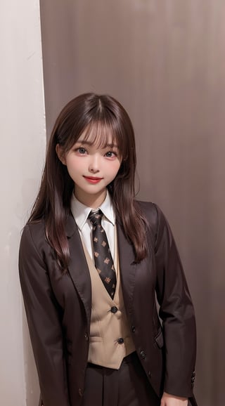 ((((Brown_blazer_jacket:1.5)))),((((black_button_waistcoat_wear_inside_blazer:1.5)))),(((collared_shirt:1.5))),((((necktie:1.5)))),((((long_pants:1.4)))),(((standing:1.3))),((((((front_viewed:1.5)))))),(((((extra_long_hair_with_complete_bangs_with_blurry:1.5))))),((((looking_at_viewer:1.5)))),(beautiful and aesthetic:1.4),((((cute_smiling_happy_face:1.4)))),((((round cheeks, high-bridged nose, plastic surgery round eyes:1.5)))), (((Kpop_style_poses:1.4))),((((office_room:1.4)))),
perfect.,Bomi,Enhance,Model ,Asian ,eungirl,((((1girl)))).,((Perfect lips)).,perfect light,ShokoKomidef