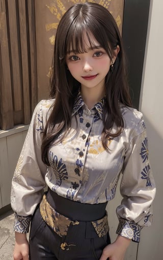 (((((Batik_top_button_collared_shirt:1.6))))),(((((long_pants:1.5))))),((((standing:1.5)))), ((((medium_full_body_shot:1.5)))),(((front_viewed,looking_at_viewer:1.6))),(((((long_hair_with_complete_bangs:1.6))))),(((beautiful and aesthetic:1.4))),(((((smile_face:1.5))))),((((round cheeks, high-bridged nose:1.5)))),(((((office:1.7))))),
perfect.,Bomi,Enhance,Model ,Asian ,eungirl,((((1girl)))).,((Perfect lips)),lora:Ultra_Detailer:2