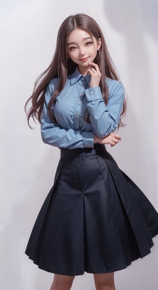 (((((Top_button_collared_blue_long_sleeve_shirt:1.5))))),((((black_long_skirt:1.3)))),(((((front_viewed,far_body_shot,viewed_from_high_level_shot:1.5))))),(((((extra_long_hair_with_complete_fringes_with_blurry:1.5))))),((((looking_at_viewer:1.5)))),(beautiful and aesthetic:1.4),((((cute_smiling_happy_face:1.4)))),((((round cheeks, high-bridged nose, plastic surgery round eyes:1.5)))), (((Kpop_style_poses:1.4))),((((white_png_background)))),
perfect.,Bomi,Enhance,Model ,Asian ,eungirl,((((1girl)))).,((Perfect lips)).,perfect light