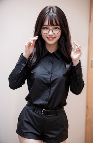 ((((((Button_collared_top black long sleeve shirt:1.5)))))),((standing)),((((front viewed,medium shot:1.4)))),((((black mini short pants:1.4)))),(((stylish long hair with complete bangs with blurry))),(((((smiling face:1.5))))),(Ultra-realistic, best photograph, best quality:1.3),((((round thin glasses:1.4)))), (beautiful and aesthetic:1.4),((((round cheeks, high-bridged nose, plastic surgery round eyes:1.5)))),((((Kpop stylish pose:1.5)))),((((office room:1.4)))), 
perfect.,Bomi,Enhance,Model ,Asian ,Girl,(((eungirl))). ,eungirl,1girl. 