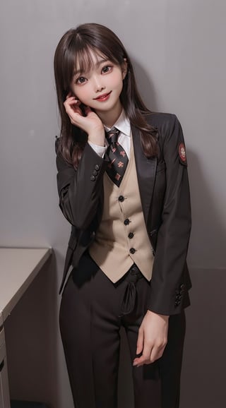 ((((Black_blazer_jacket:1.5)))),((((brown_button_waistcoat_wear_inside_blazer:1.5)))),(((black_collared_shirt:1.5))),((((necktie:1.5)))),((((long_pants:1.4)))),(((standing:1.3))),((((((front_viewed:1.5)))))),(((((extra_long_hair_with_complete_bangs_with_blurry:1.5))))),((((looking_at_viewer:1.5)))),(beautiful and aesthetic:1.4),((((cute_smiling_happy_face:1.4)))),((((round cheeks, high-bridged nose, plastic surgery round eyes:1.5)))), (((Kpop_style_poses:1.4))),((((office_room:1.4)))),
perfect.,Bomi,Enhance,Model ,Asian ,eungirl,((((1girl)))).,((Perfect lips)).,perfect light,ShokoKomidef