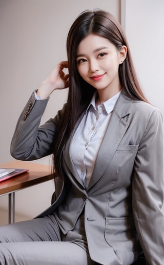 (((((Button_collared_top grey blazer suit:1.5))))),((sitting her office chair)),((((medium body shot:1.4)))),(((((long old pants:1.4))))),(beautiful and aesthetic:1.4),((((round cheeks, high-bridged nose, plastic surgery round eyes:1.5)))),((((extra long hair with complete fringes with blurry:1.4)))), ((((smiling face:1.5)))),(((((Kpop stylish pose:1.5))))),(((((bank office room:1.5))))),
perfect.,Bomi,Enhance,Model ,Asian ,Girl,(((eungirl))). ,eungirl,1girl. 