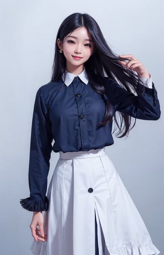 (((((Men's_top_button_collared_blue_long_sleeve_shirt:1.5))))),((((long_skirt)))),(((((front_viewed,far_body_shot,viewed_from_high_level_shot:1.5))))),(((((extra_long_hair_with_complete_fringes_with_blurry:1.5))))),((((looking_at_viewer:1.5)))),(beautiful and aesthetic:1.4),((((cute_smiling_happy_face:1.4)))),((((round cheeks, high-bridged nose, plastic surgery round eyes:1.5)))), (((Kpop_style_poses:1.4))),((((white_png_background)))),
perfect.,Bomi,Enhance,Model ,Asian ,eungirl,((((1girl)))).,((Perfect lips)).,perfect light,ShokoKomidef,JeeSoo ,Indonesiadoll,chinatsumura