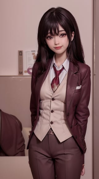 (((((Maroon_patterns_blazer_jacket:1.5))))),(((((button_waistcoat_wear_inside_blazer:1.5))))),((((top_button_collared_shirt:1.5)))),((((necktie:1.5)))),((((long_pants:1.4)))),(((((standing:1.6))))),(((((front_viewed:1.6))))),(((((two_arms_behind_back:1.7))))),(((((extra_long_hair_with_complete_bangs_with_blurry:1.5))))),((((beautiful and aesthetic:1.4)))),((((happy_smiling_face:1.5)))),((((round cheeks, high-bridged nose, plastic surgery round eyes:1.5)))),(((((office_room:1.7))))),
perfect.,Bomi,Enhance,Model ,Asian ,eungirl,((((1girl)))).,((Perfect lips)).,perfect.,Em1ru