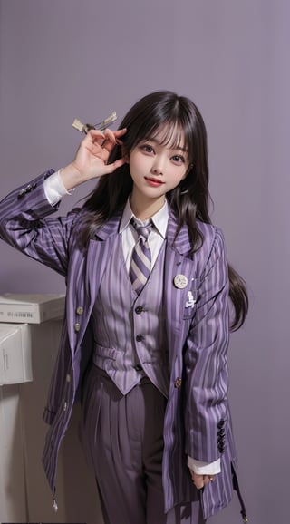 ((((Purple_striped_blazer_jacket:1.5)))),(((((8_buttons_waistcoat_wear_inside_blazer:1.5))))),(((collared_shirt:1.5))),((((necktie:1.5)))),((((long_pants:1.4)))),(((standing:1.3))),((((((front_viewed:1.5)))))),(((((extra_long_hair_with_complete_bangs_with_blurry:1.5))))),((((looking_at_viewer:1.5)))),(beautiful and aesthetic:1.4),((((cute_smiling_happy_face:1.4)))),((((round cheeks, high-bridged nose, plastic surgery round eyes:1.5)))), (((Kpop_style_poses:1.4))),((((office_room:1.4)))),
perfect.,Bomi,Enhance,Model ,Asian ,eungirl,((((1girl)))).,((Perfect lips)).,perfect light,ShokoKomidef