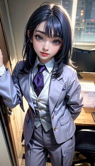 (((Medium full shot))), ((((front viewed)))), ((((standing against wall)))), 25yo., (1girl), (((((purple gentleman's suit:1.5))))), (((necktie:1.2))), ((long pants:1.3)), (((smiling face:1.4))), ((plastic surgery huge shining round eyes, small chin, small low jaw, high-bridged nose, small face, small mouth:1.4)), ((blue hair)), (extra long hair with fringes with blurry), ((office room:1.4)).,Bomi,1 girl,