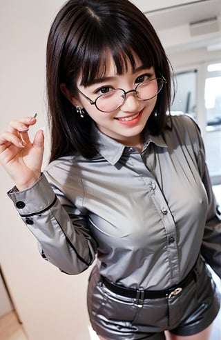 ((((((Button_collared_top grey long sleeve shirt:1.5)))))),((standing)),((((front viewed,medium shot:1.4)))),((((black mini short pants:1.4)))),(((stylish long hair with complete bangs with blurry))),(((((smiling face:1.5))))),(Ultra-realistic, best photograph, best quality:1.3),((((round thin glasses:1.4)))), (beautiful and aesthetic:1.4),((((round cheeks, high-bridged nose, plastic surgery round eyes:1.5)))),((((Kpop stylish pose:1.5)))),((((office room:1.4)))), 
perfect.,Bomi,Enhance,Model ,Asian ,Girl,(((eungirl))). ,eungirl,1girl. 