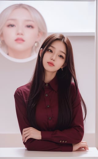 (((((Top_collared_button_cotton_maroon_long_sleeve_shirt:1.5))))),(((long_skirt:1.3))),((((standing)))),(((((front_viewed:1.5))))),(((extra_long_hair_with_complete_fringes_with_blurry:1.4))),(((cute_smiling_face:1.3))),((((looking_at_viewer:1.4)))),(beautiful and aesthetic:1.4),((((round cheeks, high-bridged nose, plastic surgery round eyes:1.5)))), (((Kpop style pose:1.4))),(((bank office))),
perfect.,Bomi,Enhance,Model ,Asian ,eungirl,((((1girl)))).,((Perfect lips)).