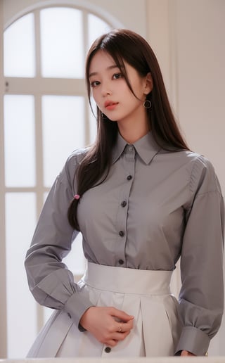 (((((Top_collared_button_cotton_grey_long_sleeve_shirt:1.5))))),(((long_skirt:1.3))),((((standing)))),(((((front_viewed:1.5))))),(((extra_long_hair_with_complete_fringes_with_blurry:1.4))),(((cute_smiling_face:1.3))),((((looking_at_viewer:1.4)))),(beautiful and aesthetic:1.4),((((round cheeks, high-bridged nose, plastic surgery round eyes:1.5)))), (((Kpop style pose:1.4))),(((bank office))),
perfect.,Bomi,Enhance,Model ,Asian ,eungirl,((((1girl)))).,((Perfect lips)).