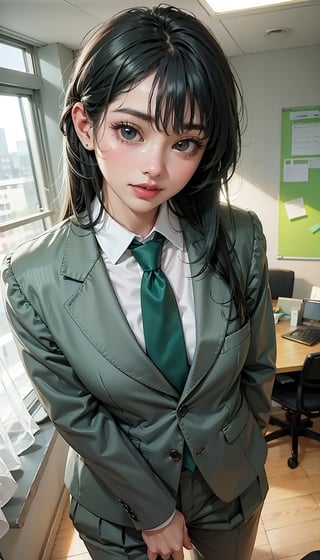 (((Medium full shot))), ((((front viewed)))), ((((standing)))), 25yo., (1girl), (((((light green gentleman's suit:1.5))))), (((necktie:1.2))), ((long pants:1.3)), (((smiling face:1.4))), ((plastic surgery huge shining round eyes, small chin, small low jaw, high-bridged nose, small face, small mouth:1.4)), ((blue hair)), (extra long hair with fringes with blurry), ((office room:1.4)).,Bomi,1 girl,
