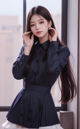 (((((Top_collared_button_cotton_navy_blue_long_sleeve_shirt:1.5))))),(((long_skirt:1.3))),((((standing)))),(((((front_viewed:1.5))))),(((extra_long_hair_with_complete_fringes_with_blurry:1.4))),(((cute_smiling_face:1.3))),((((looking_at_viewer:1.4)))),(beautiful and aesthetic:1.4),((((round cheeks, high-bridged nose, plastic surgery round eyes:1.5)))), (((Kpop style pose:1.4))),(((bank office))),
perfect.,Bomi,Enhance,Model ,Asian ,eungirl,((((1girl)))).,((Perfect lips)).