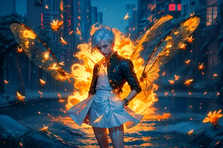  1 man, male face ,  freckles ,at night in the city  ,blue eyes , white hair , kawaii , wearing mini white skirt, harness, stockings BREAK,firefliesfireflies,r1ge