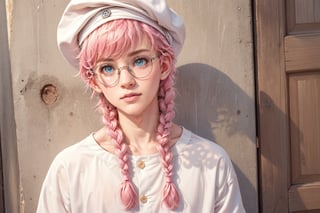  1 man, male face, yong guy , pink braid hair, twink body, freckles face,  ,blue eyes, cute round glasses  , kawaii ,ventidef, beret,perfect light,BnnBnn