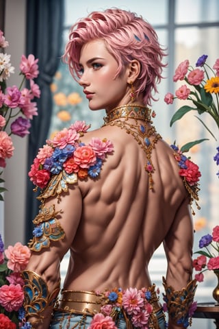 1man, solo, looking at viewer, bangs, blue eyes, hair between eyes, jewelry, closed mouth, upper body, pink hair, indoors, mole, blurry, lips, blurry background, realistic, nose,Man back pose,flower4rmor