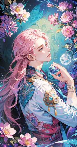 Realistic, (Masterpiece, Top Quality, Best Quality, Official Art, Beauty and Aesthetics: 1.2), Very Detailed, Fractal Art, Colorful, Most Detailed, Zentangle, (Abstract Background: 1.5) (1boy: 1.3), Gods, braid long pink Hair, (Glowing blue Eyes), Mysterious, (Magic), Ice, ((Flowers on the Other Side)), Yellow Spring, 
