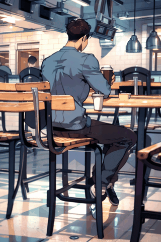 1Man, solo, cafeteria, He's in a cafeteria drinking coffee, coffee, coffee Cup in his hands , drinking coffee