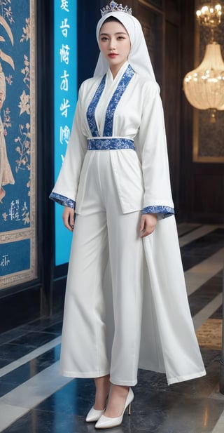 (ultra realistic,best quality),photorealistic,Extremely Realistic, in depth, cinematic light,mecha\(hubggirl)\,

BREAK , 
A realistic full-body length digital model poster in photorealistic style featuring a young woman with fully hijab, white hijab and blue eyes, wearing queen's crown, wearing a kimono, white kimono, leggings, wearing white robe, wearing high heels, with futuristic elements, standing confidently with hands at hip, 

BREAK , 
particle effects, perfect hands, perfect lighting, vibrant colors, 
intricate details, high detailed skin, 
intricate background, realism, realistic, raw, analog, taken by Canon EOS,SIGMA Art Lens 35mm F1.4,ISO 200 Shutter Speed 2000,Vivid picture,