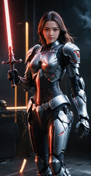 (ultra realistic,best quality),photorealistic,Extremely Realistic, in depth, cinematic light,mecha\(hubggirl)\,

a female robot soldier, holding two glowing red swords with both hands, dynamic poses, dark background,

particle effects, perfect hands, perfect lighting, vibrant colors, 
intricate details, high detailed skin, 
intricate background, realism, realistic, raw, analog, taken by Canon EOS,SIGMA Art Lens 35mm F1.4,ISO 200 Shutter Speed 2000,Vivid picture,hubggirl