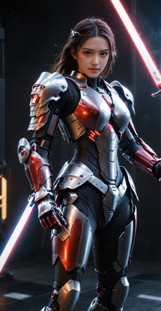 (ultra realistic,best quality),photorealistic,Extremely Realistic, in depth, cinematic light,mecha\(hubggirl)\,

a female robot soldier, holding two glowing red swords with both hands, dynamic poses, dark background,

particle effects, perfect hands, perfect lighting, vibrant colors, 
intricate details, high detailed skin, 
intricate background, realism, realistic, raw, analog, taken by Canon EOS,SIGMA Art Lens 35mm F1.4,ISO 200 Shutter Speed 2000,Vivid picture,hubggirl